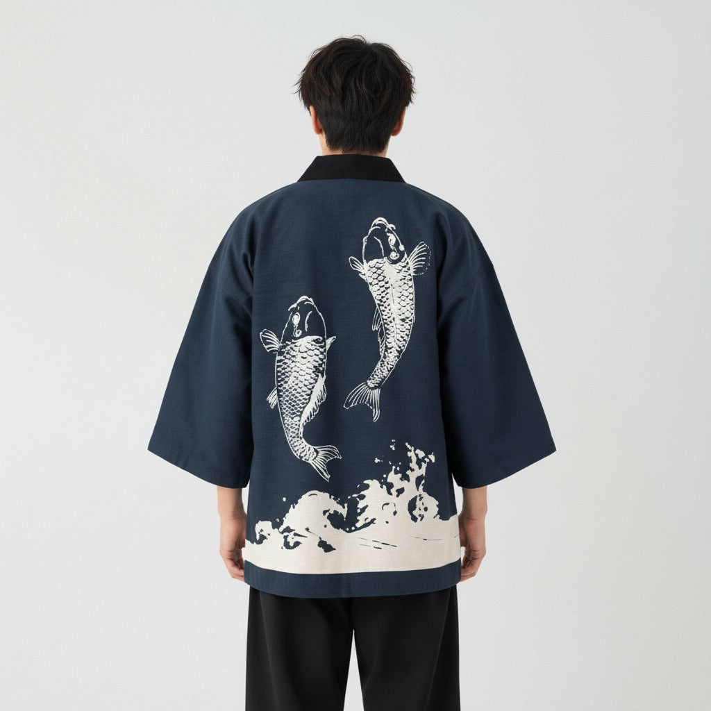 Two koi and a wave printed across the back of a navy hanten jacket