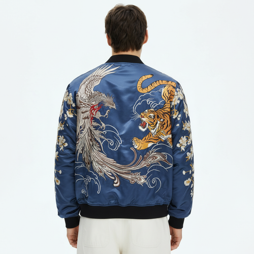 Men's Reversible Phoenix Sukajan Souvenir Jacket on model in navy, phoenix embroidered across the back