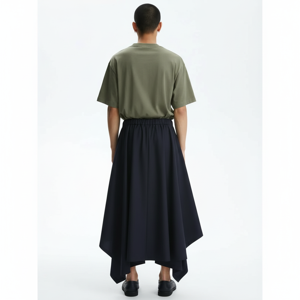 Handkerchief hem harem pants on model in black, back view
