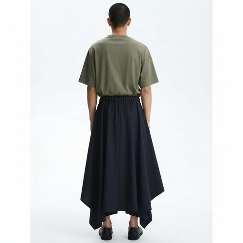 Men's Black Harem Pants with Handkerchief Skirt on model in black, back view