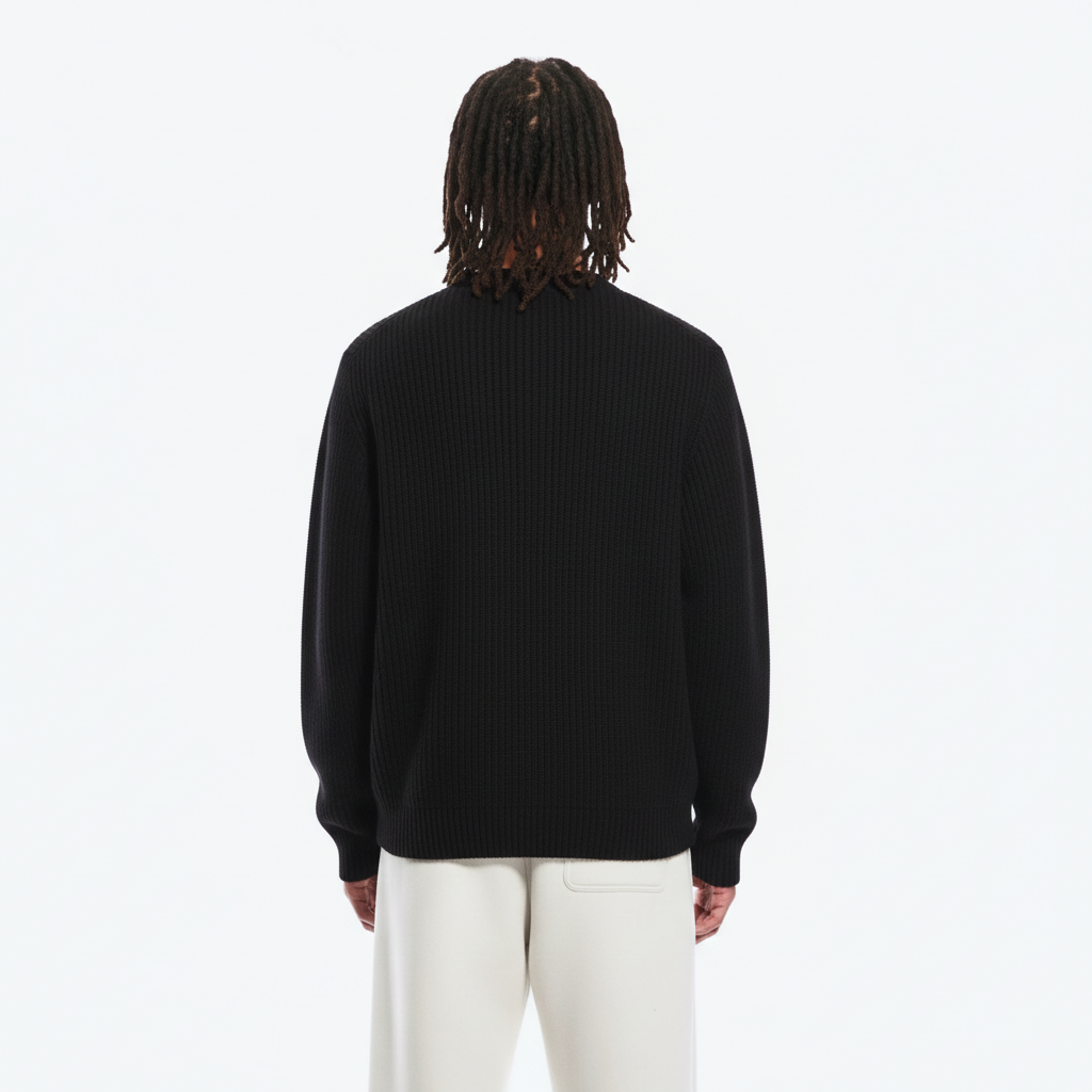 Henley Rib Sweater on model in black, back view