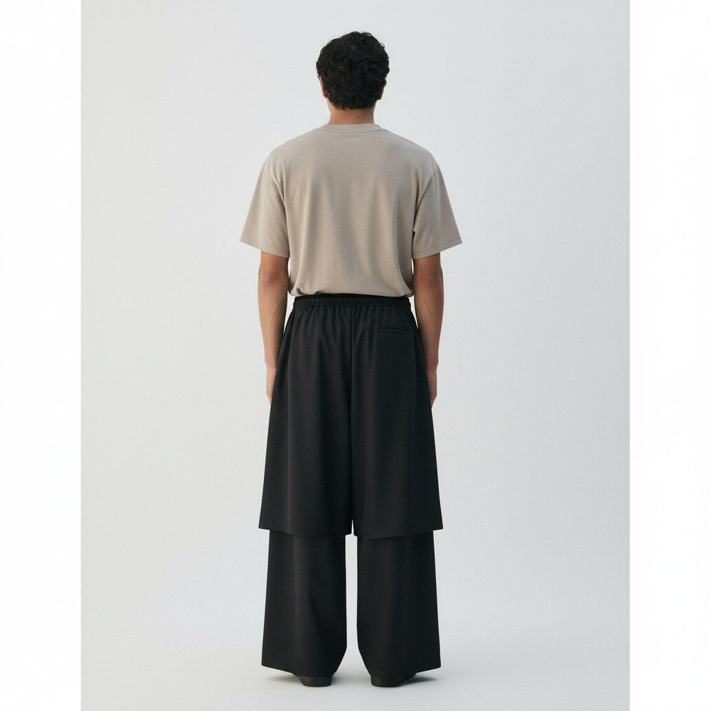 Tie-side wrap pants on model in black, back view