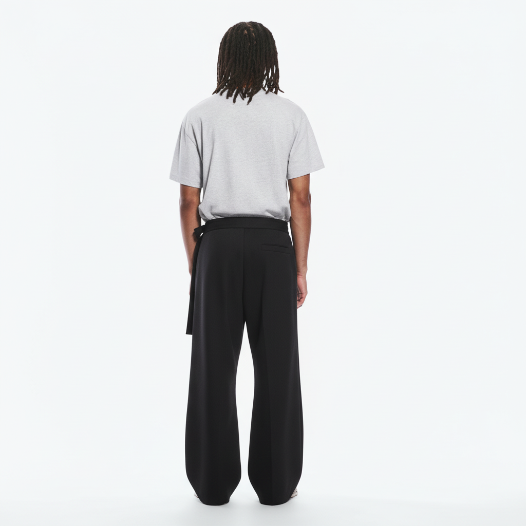 Pleated samurai hakama on model in black, back view