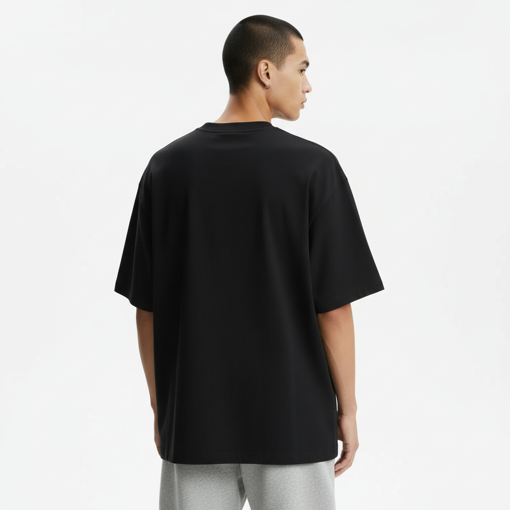 Cross-border 250GSM Oversized Boyfriend Batwing Sleeve Mock Neck on model - Black - back