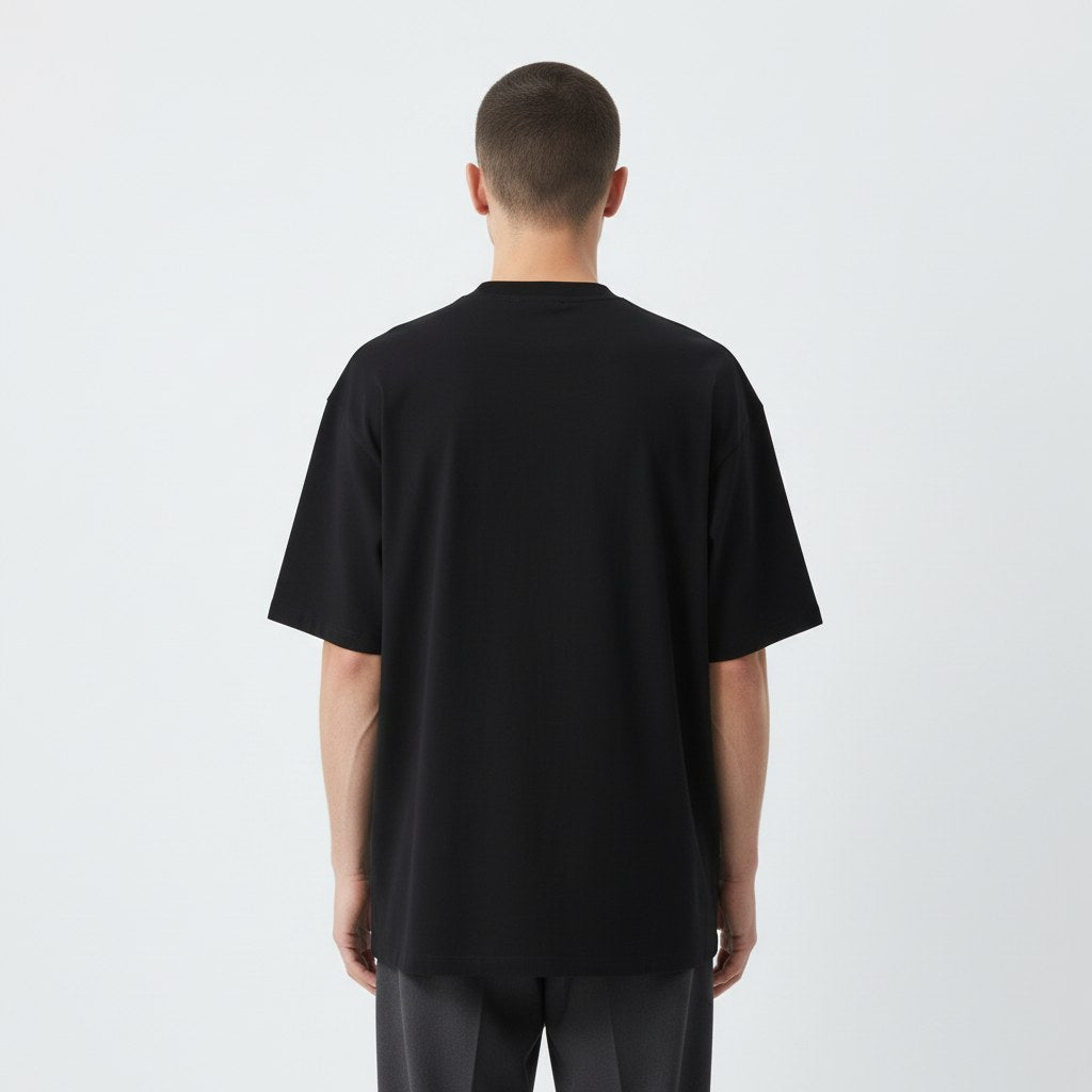Lyocell mock neck tee on model in black, back view