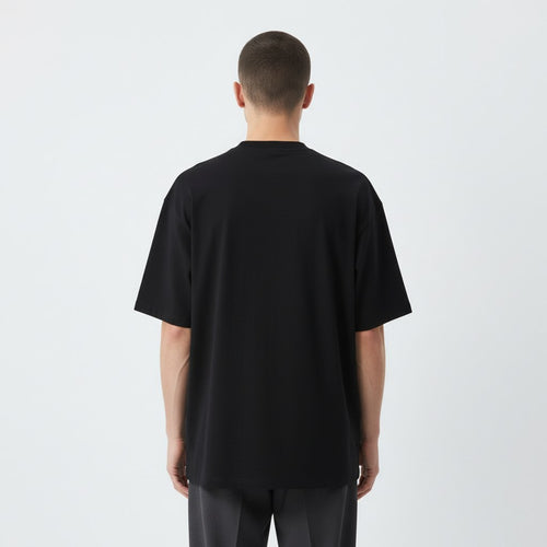 Lyocell mock neck tee on model in black, back view
