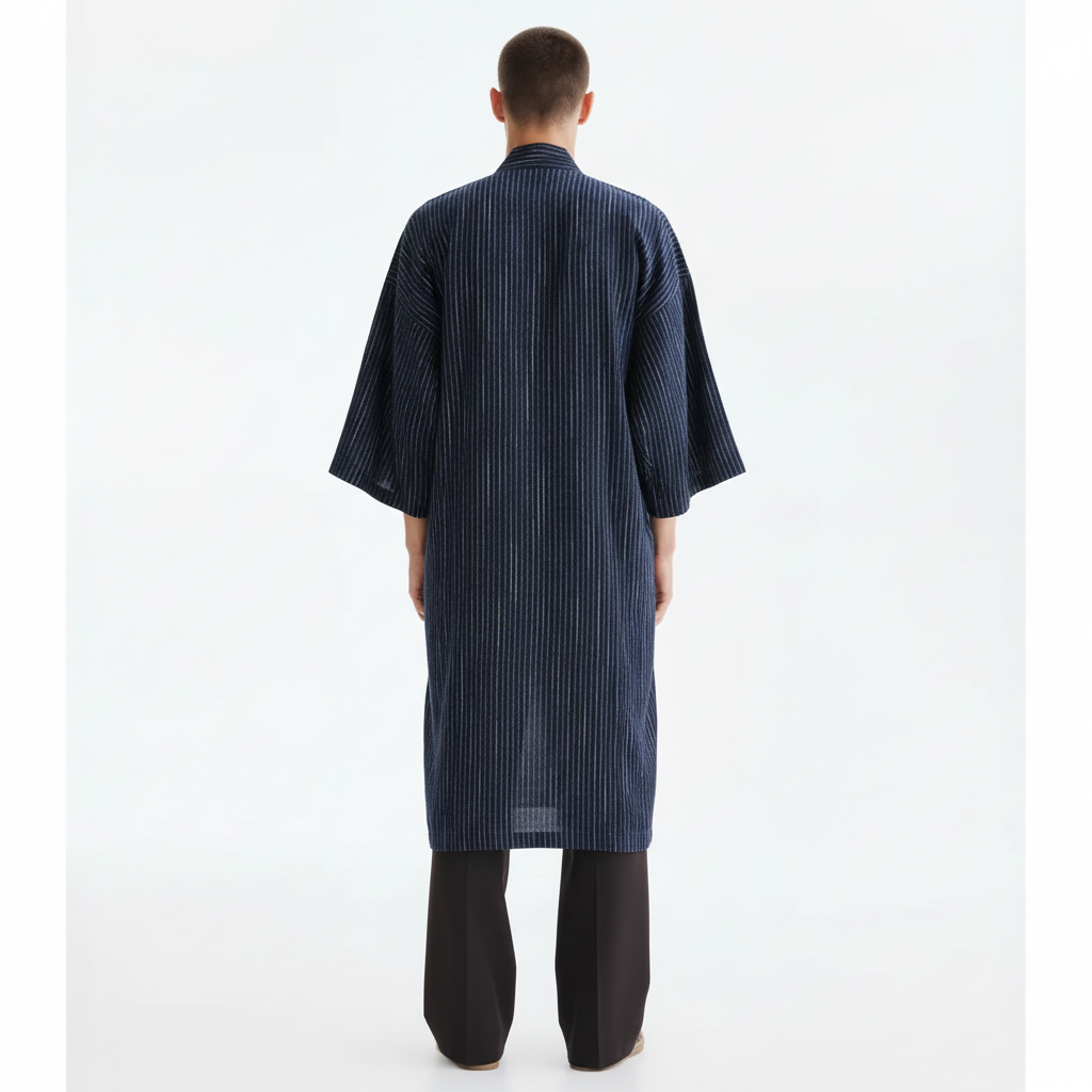 Men's dark blue kimono, navy stripe, back view