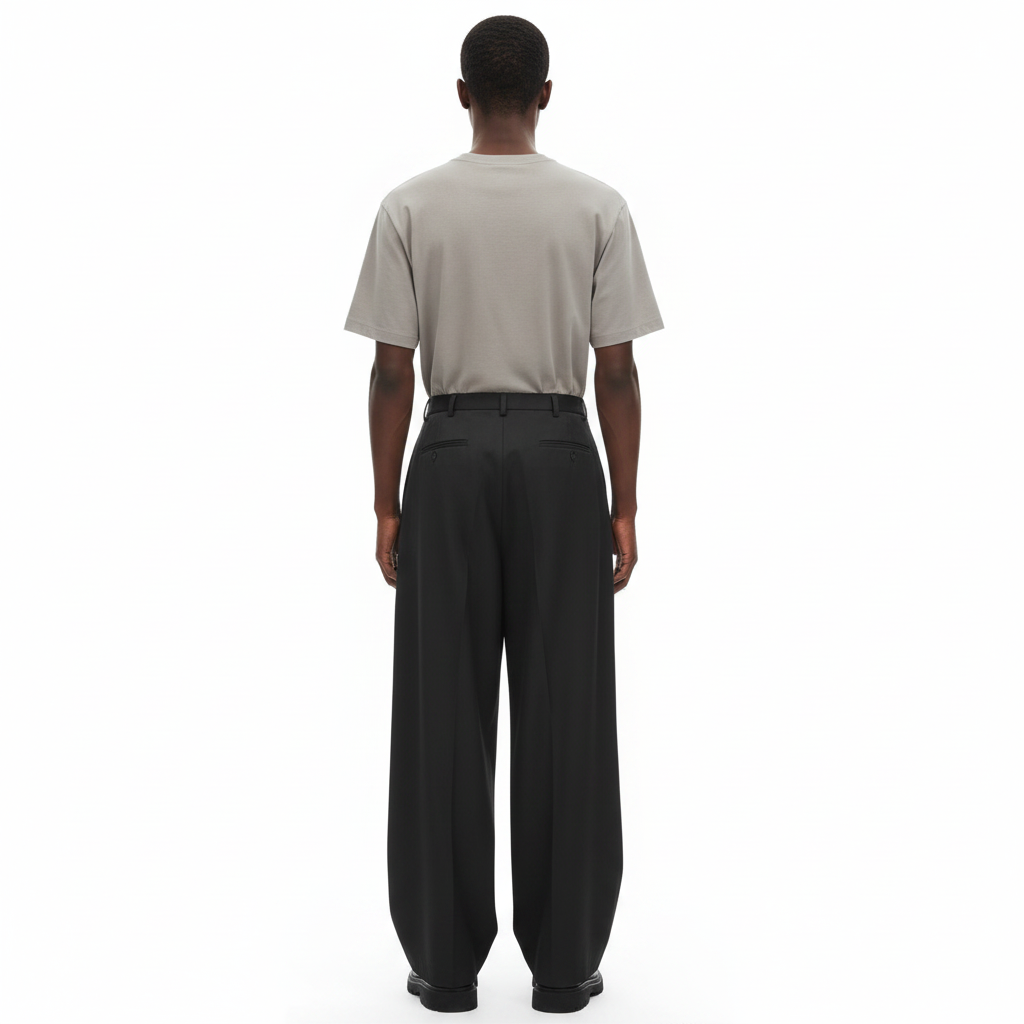 Wide pleated Japanese hakama on model in black, back view