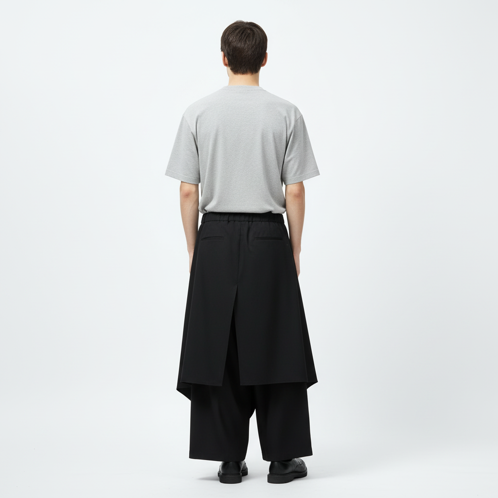 Layered wrap skirt pants on model in black, back view