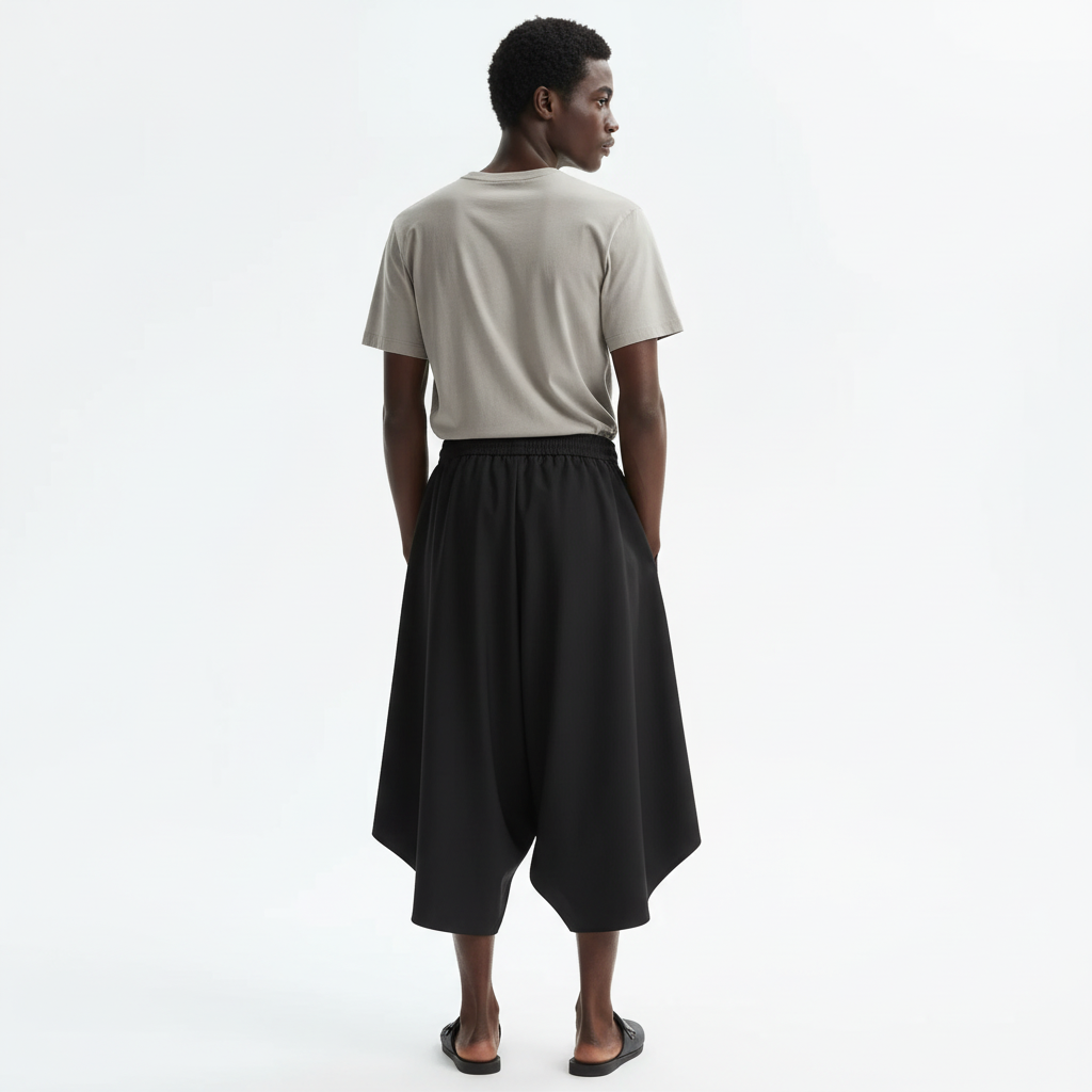 Petal hem asymmetrical pants on model in black, back view