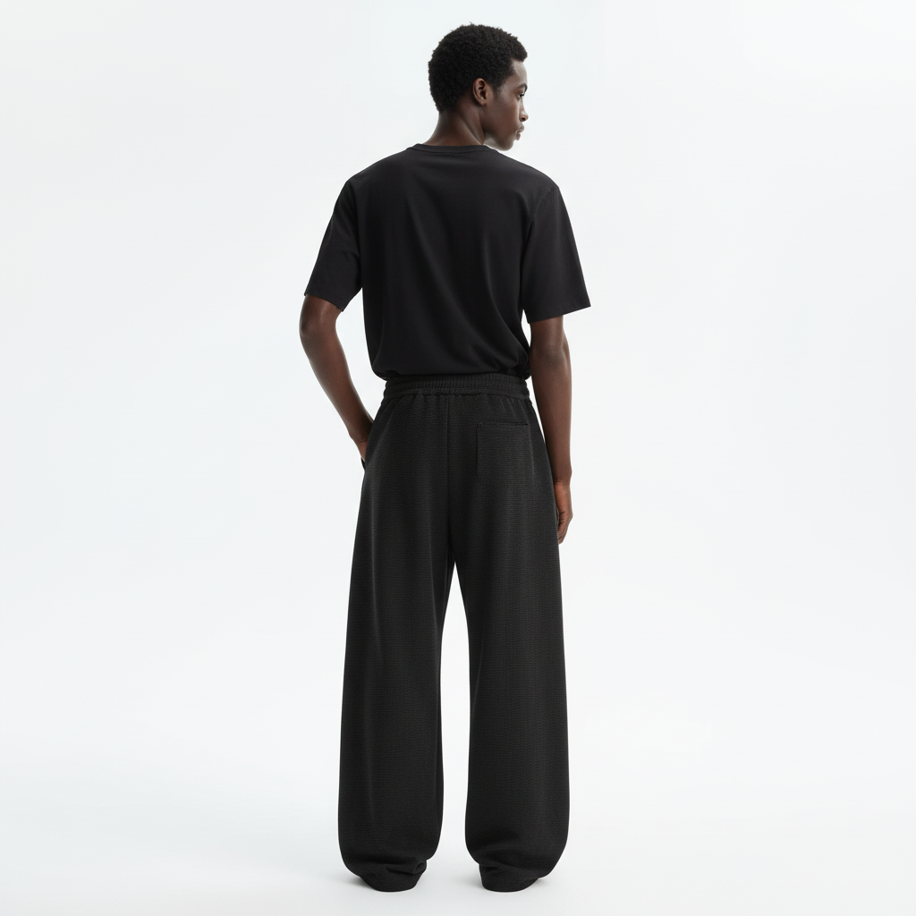 Pleated Wide Leg Sweatpants on model in charcoal black, back view