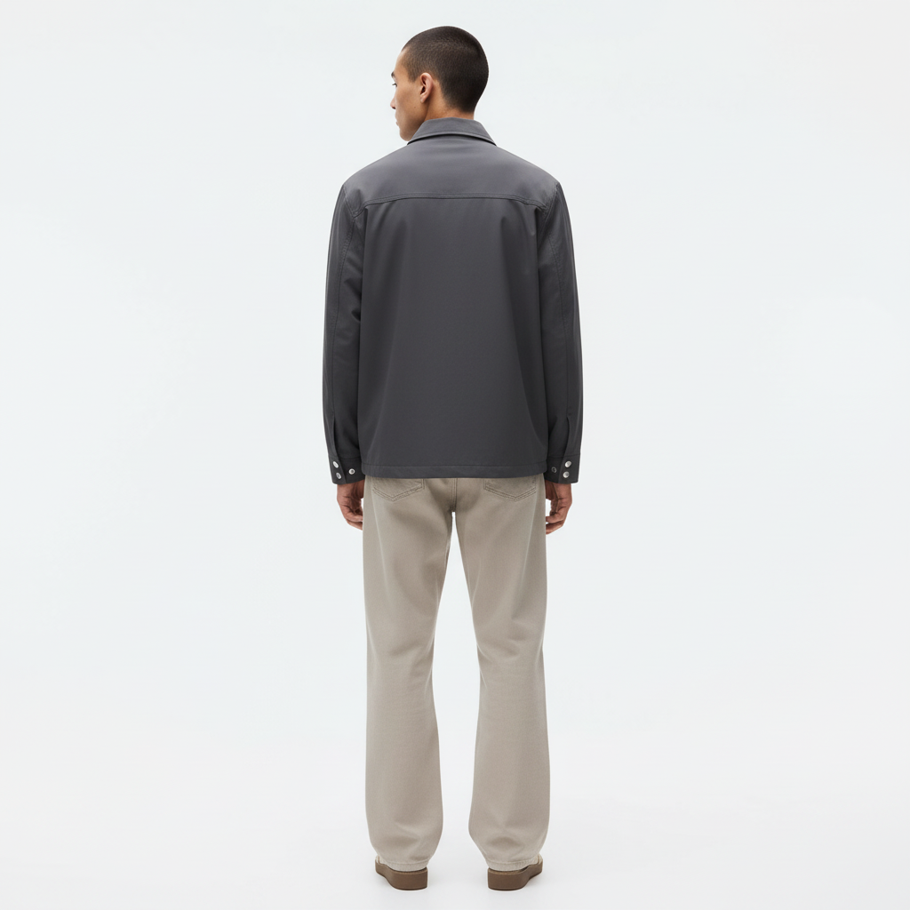 Snap Front Shirt Jacket on model in charcoal, back view