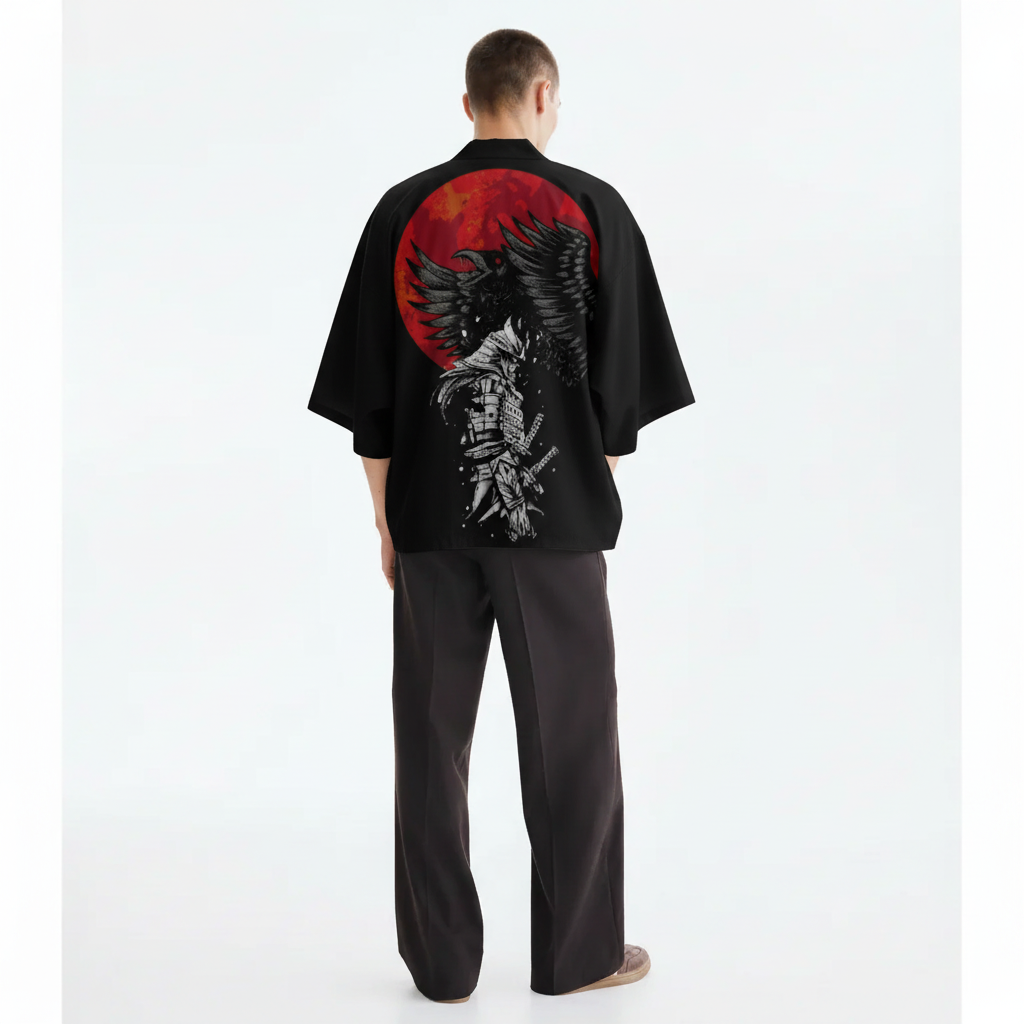 Men's Samurai Kimono, Red Moon Print Haori, back view