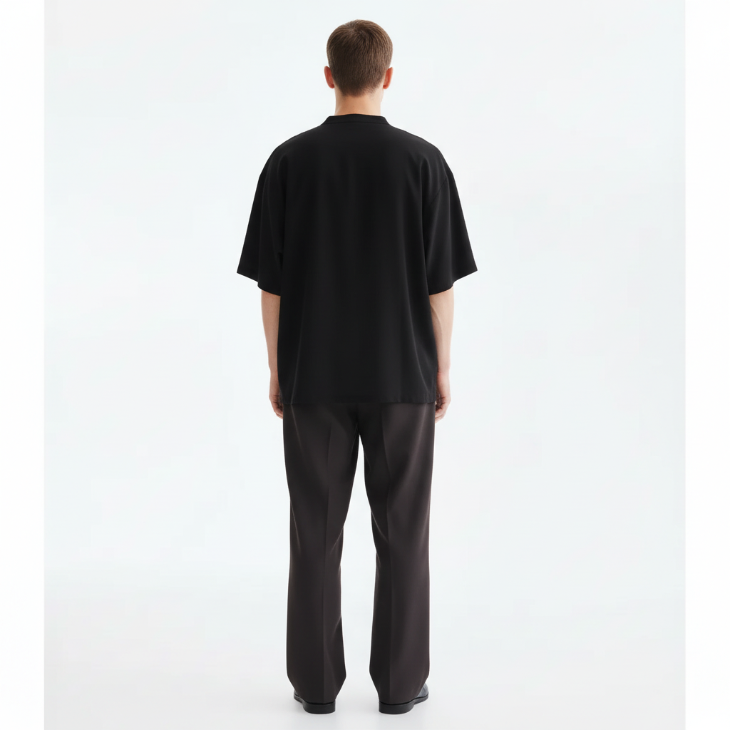 Tie-front jinbei on model in black, back view