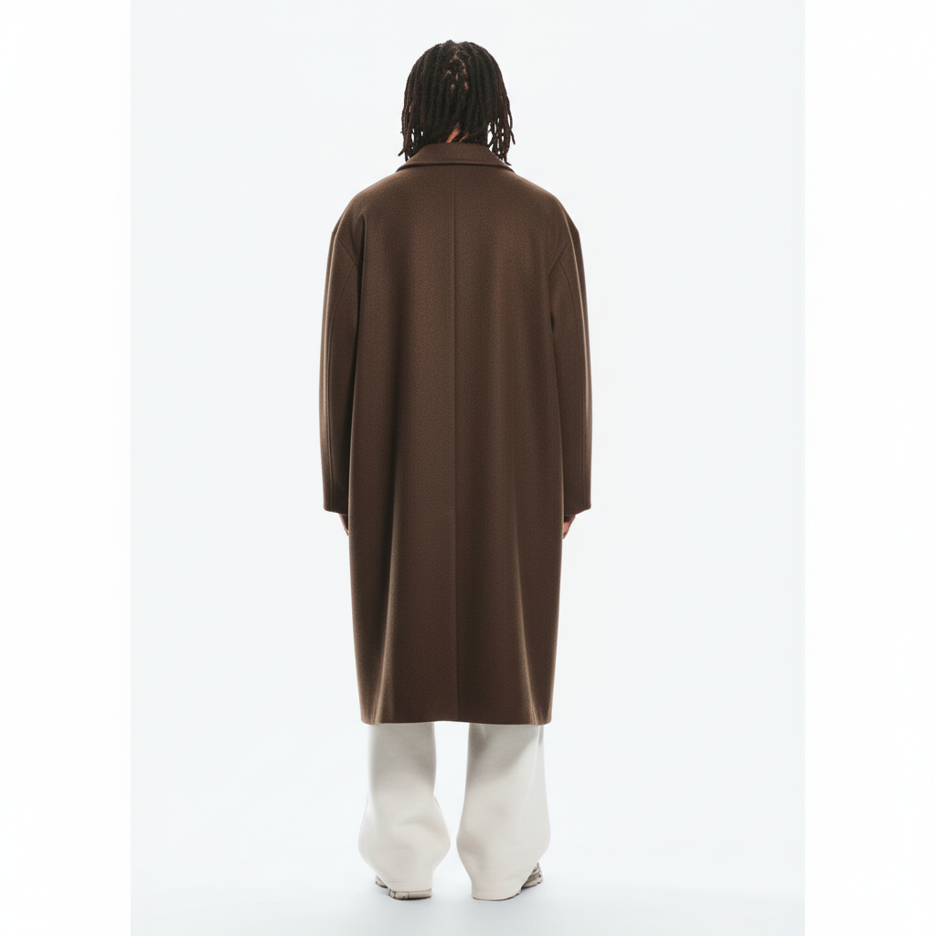Single Breasted Topcoat on model in brown, back view