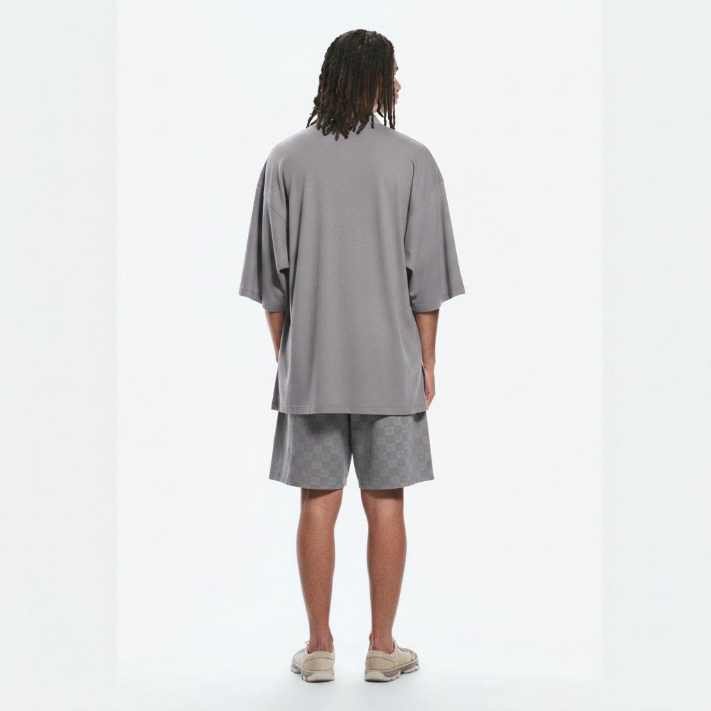 Jacquard jinbei set in grey jacquard, back view on model