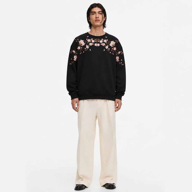 Sakura Embroidered Sweatshirt on model - front view