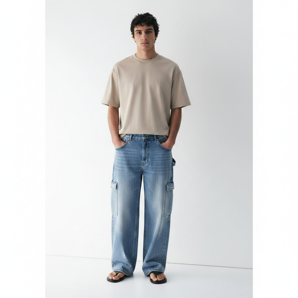Wide-Leg Cargo Jeans on model - front view