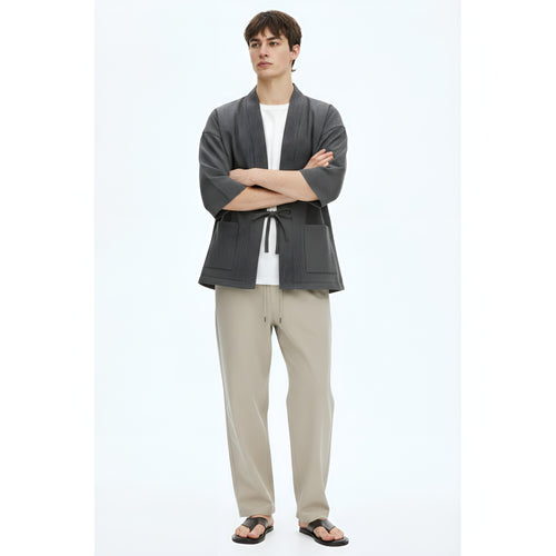 Plus Size Reversible Denim Cotton Linen Chinese-Style Robe Retro Loose Seven-Quarter Sleeve Hanfu Jacket on model - Gray - front