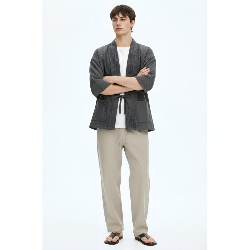 Plus Size Reversible Denim Cotton Linen Chinese-Style Robe Retro Loose Seven-Quarter Sleeve Hanfu Jacket on model - Gray - front
