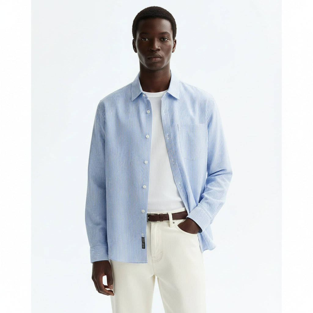 Windproof Color-Block Striped Shirt on model - Blue - front