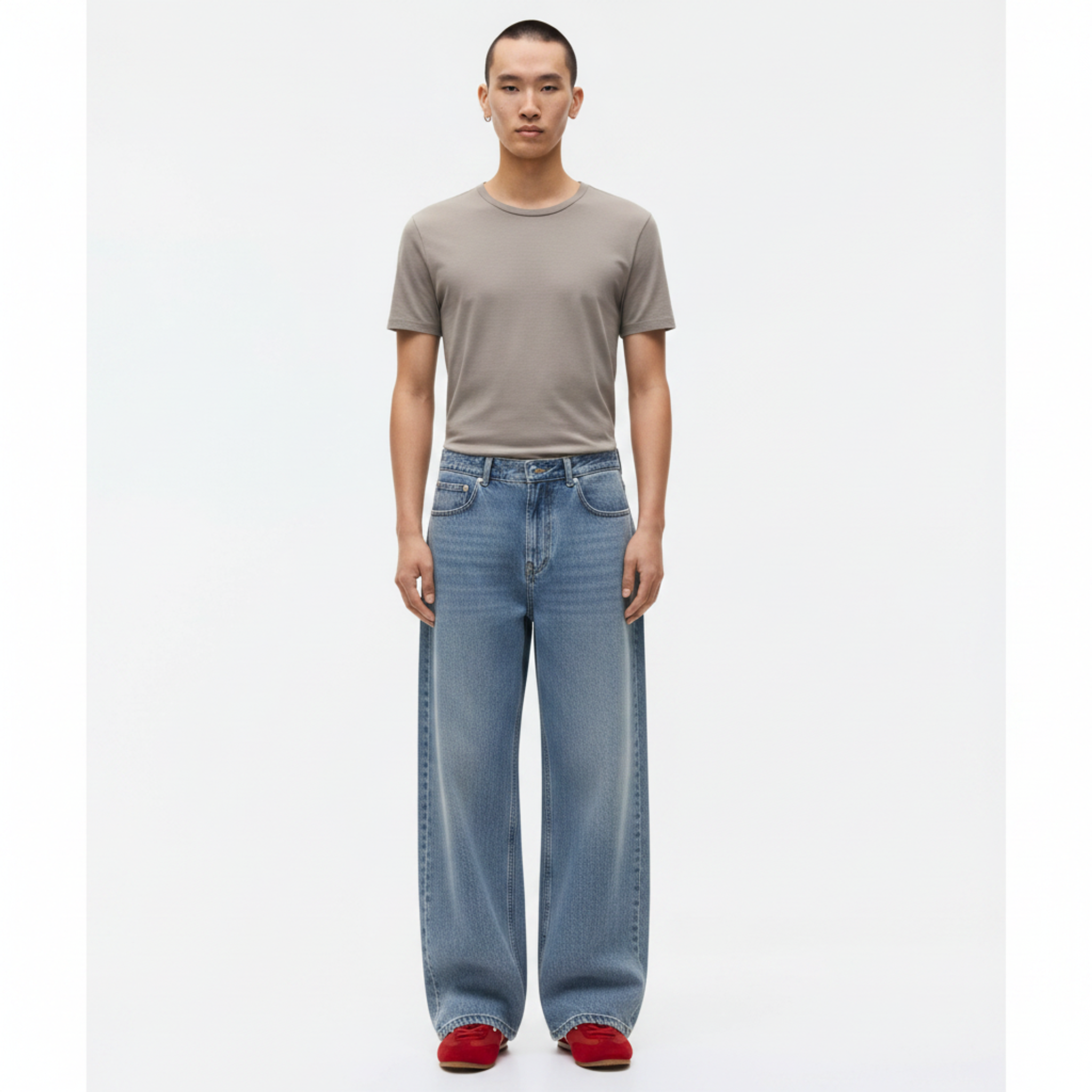 Straight-Leg Cotton Stretch Pants on model - front view
