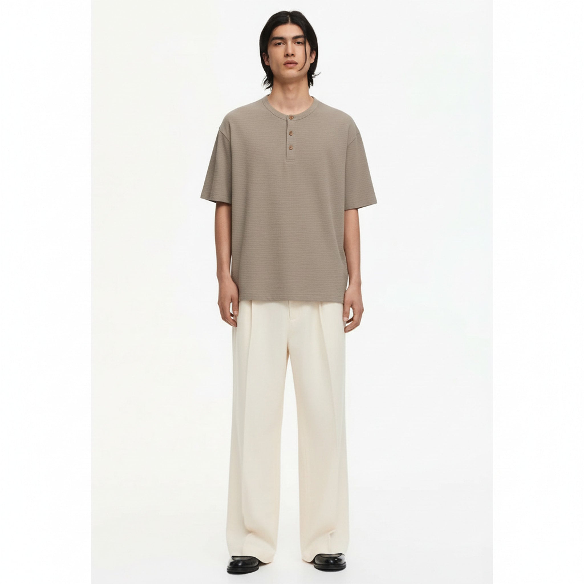 Oversized Henley T-Shirt Cotton-Blend on model - Khaki - front