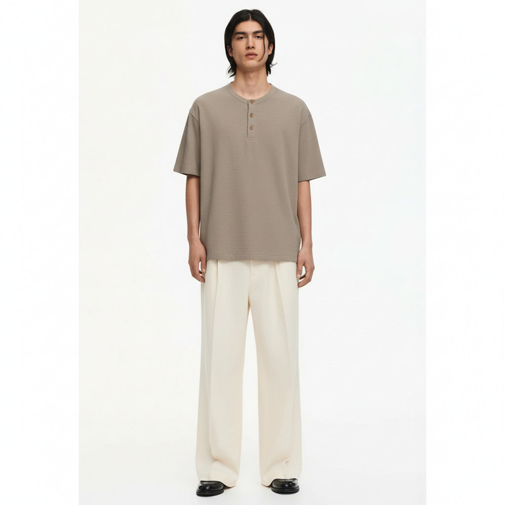 Oversized Henley T-Shirt Cotton-Blend on model - Khaki - front