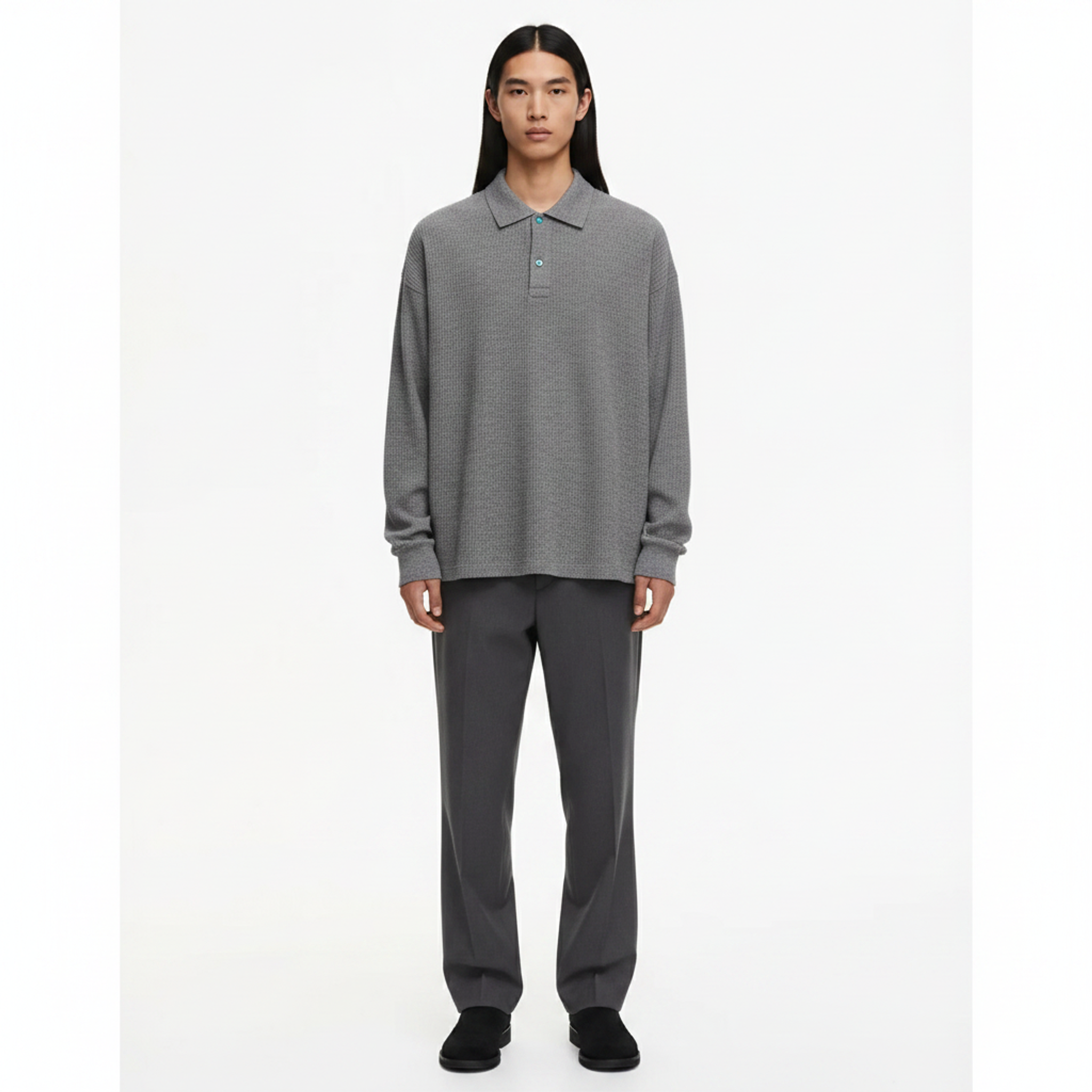 Long-Sleeve Polo Shirt Italian Knit Collar on model - front view