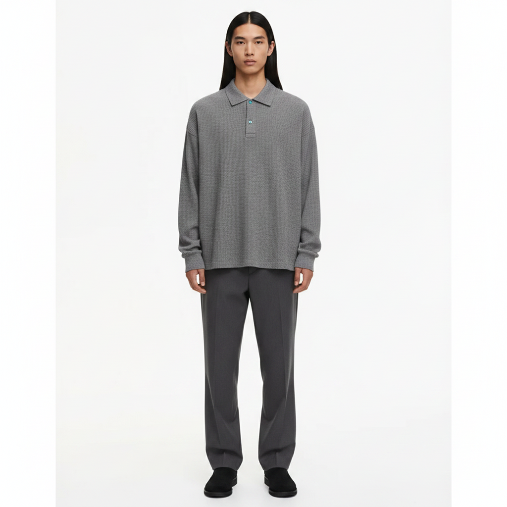 Long-Sleeve Polo Shirt Italian Knit Collar on model - front view