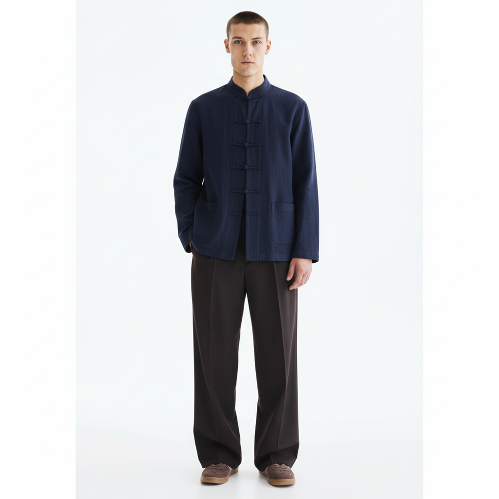 Long-Sleeve Shirt Linen Overshirt on model - front view