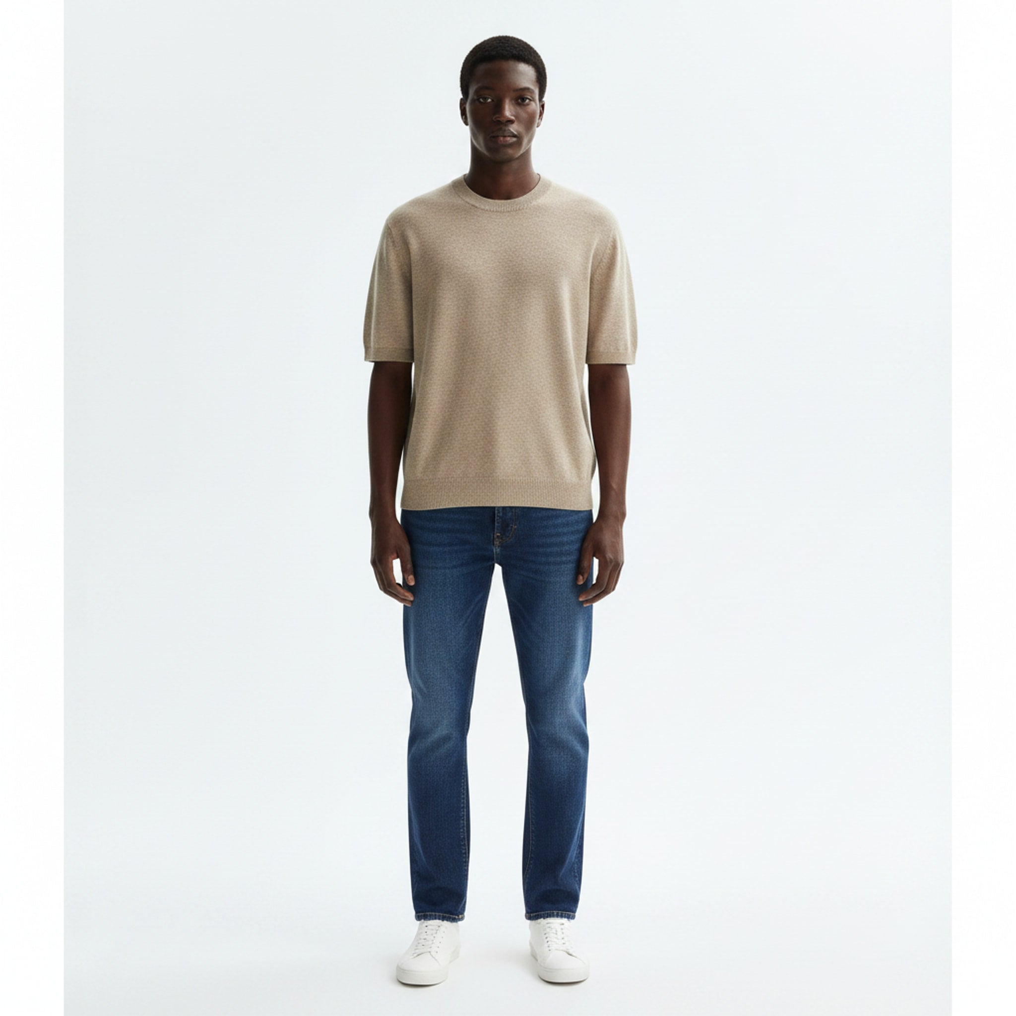 Relaxed Fit Short-Sleeve Knit Sweater on model - Khaki - front