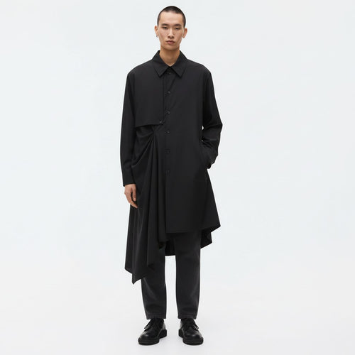 Long draped lyocell shirt on model in black, front view