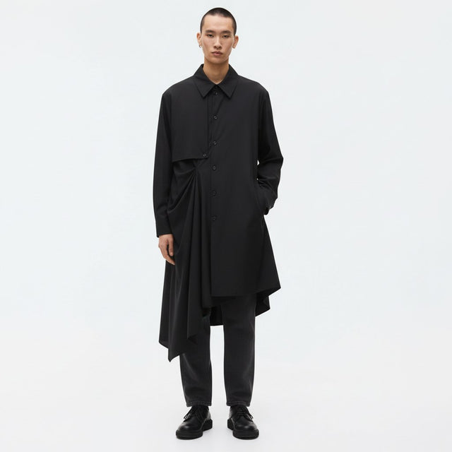 Long draped lyocell shirt on model in black, front view