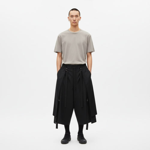 Strapped Layered Male Skirt Pants on model in black, front view