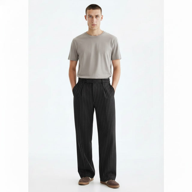 Textured striped trousers on model in black, front view