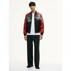 Men's Embroidered Dragon Bomber Jacket on model in khaki, front view with dragon embroidery