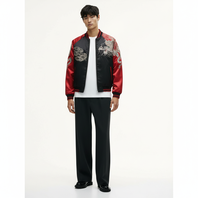 Men's Embroidered Dragon Bomber Jacket on model in khaki, front view with dragon embroidery