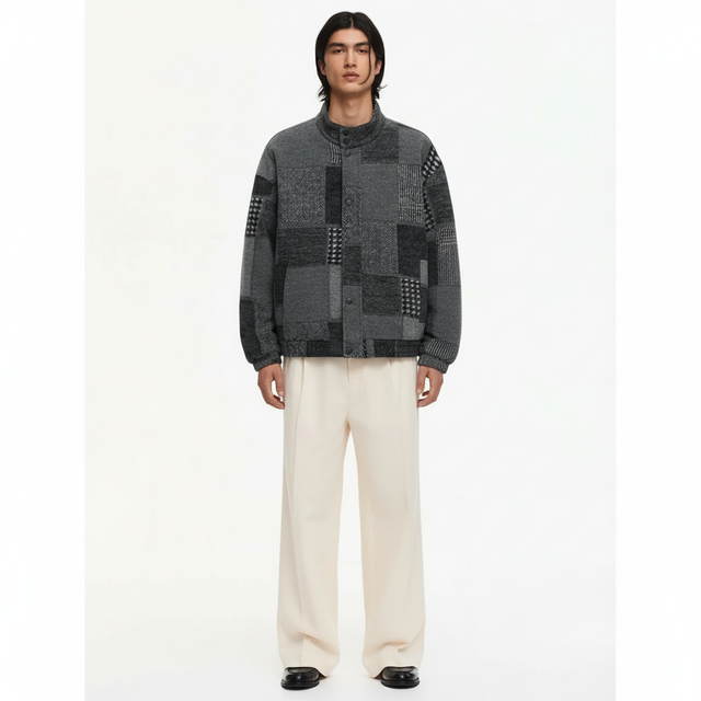 Trendy Winter Japanese Retro Ethnic Plaid Workwear Cotton Jacket and on model - Gray - front