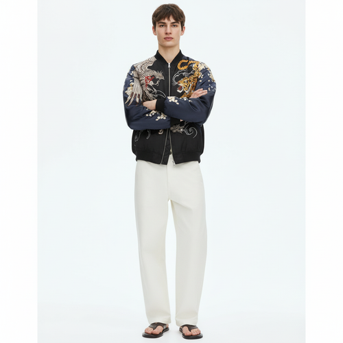 Men's Reversible Phoenix Sukajan Souvenir Jacket on model in navy, front view with phoenix and tiger embroidery
