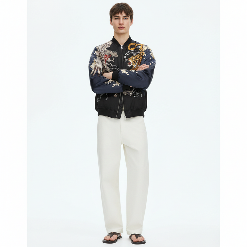 Men's Reversible Phoenix Sukajan Souvenir Jacket on model in navy, front view with phoenix and tiger embroidery