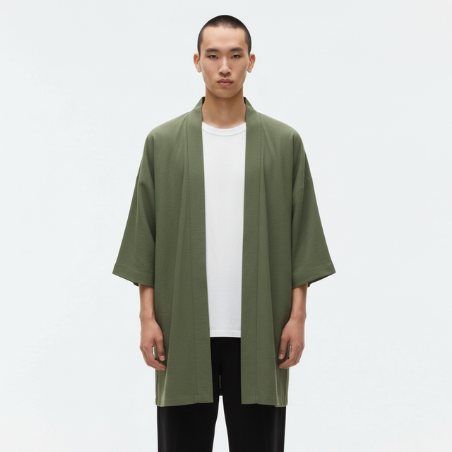 Long haori coat in army green, front view on model