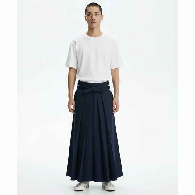 Cotton kendo hakama in navy, front view on model
