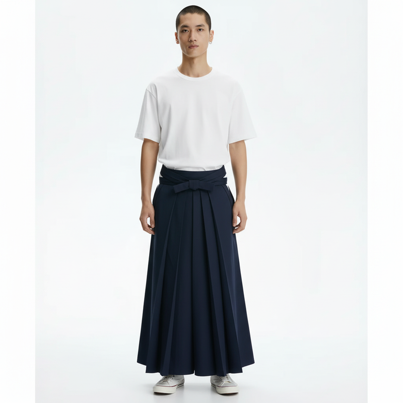 Cotton kendo hakama in navy, front view on model