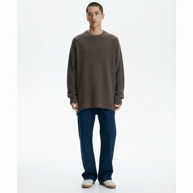Chunky Knit Crew Sweater on model in brown, front view
