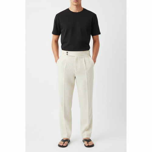 Waffle Gurkha Pants on model in cream, front view