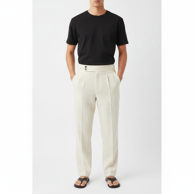 Waffle Gurkha Pants on model in cream, front view