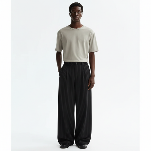 Pinstripe Wide Leg Trousers on model in black, front view