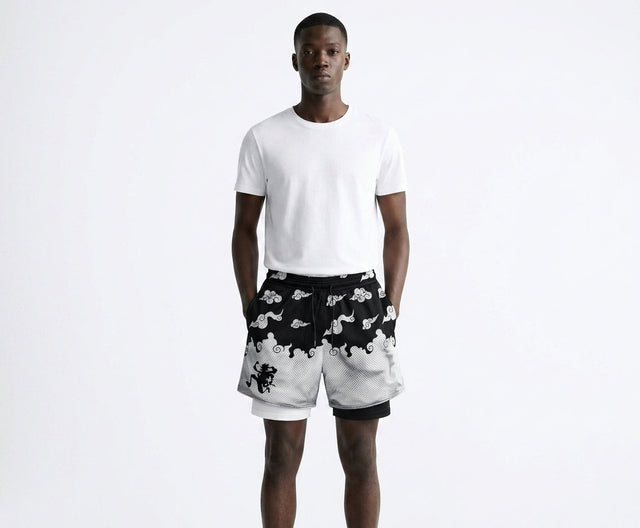 Gear 5 Luffy Smoke Cloud Gym Shorts on model - Sk 069 - front