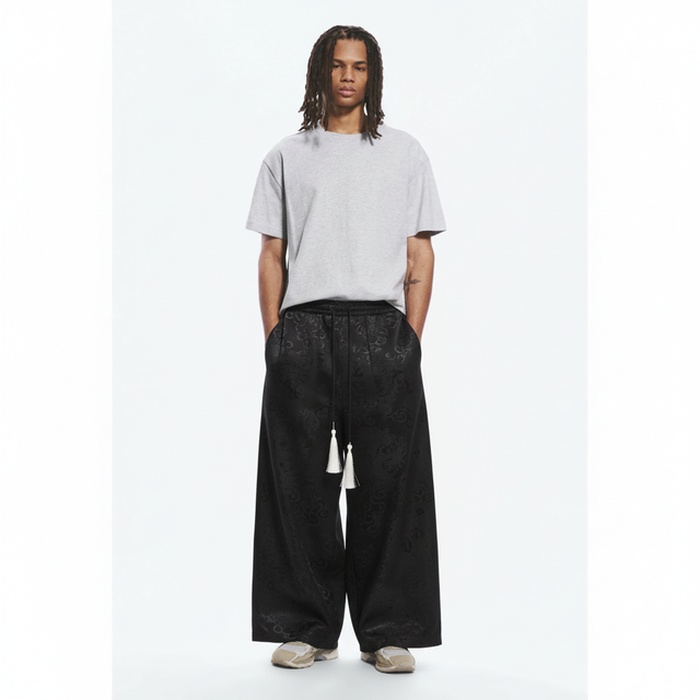 Dragon Pattern Wide-Leg Pants - Chinese Style Straight-Leg Hanfu Trousers on model - Black - front